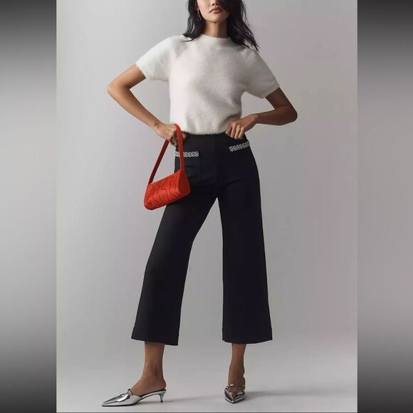 Anthropologie x Maeve Colette Rhinestone Pocket Cropped Ponte Wide Leg Pants - Picture 1 of 9